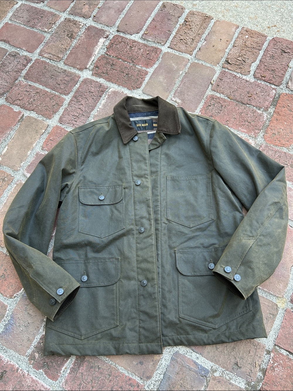 Buck Mason Deep Olive Green Waxed Canvas Field Jacket with Brown Cord Collar New